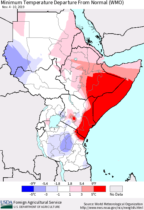 Eastern Africa Mean Minimum Temperature Departure from Normal (WMO) Thematic Map For 11/4/2019 - 11/10/2019