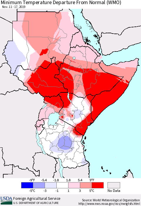 Eastern Africa Mean Minimum Temperature Departure from Normal (WMO) Thematic Map For 11/11/2019 - 11/17/2019