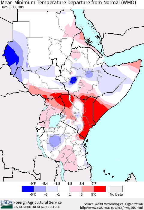 Eastern Africa Mean Minimum Temperature Departure from Normal (WMO) Thematic Map For 12/9/2019 - 12/15/2019
