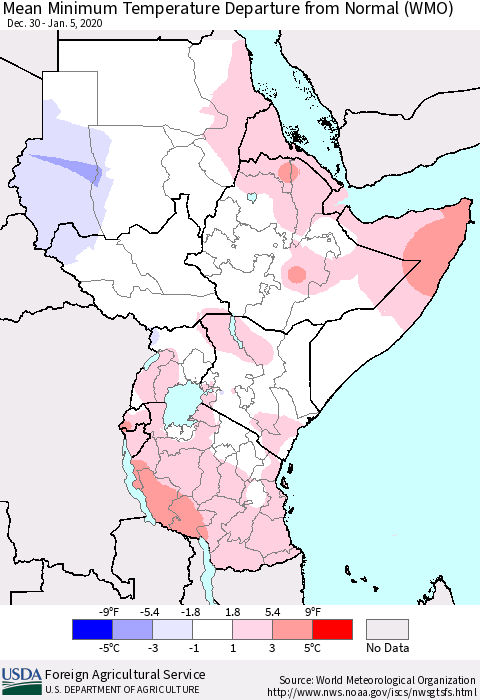 Eastern Africa Mean Minimum Temperature Departure from Normal (WMO) Thematic Map For 12/30/2019 - 1/5/2020