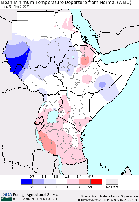 Eastern Africa Mean Minimum Temperature Departure from Normal (WMO) Thematic Map For 1/27/2020 - 2/2/2020