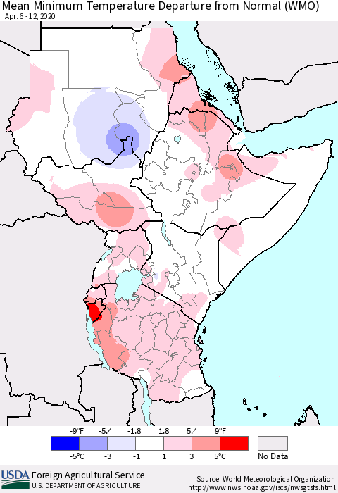 Eastern Africa Mean Minimum Temperature Departure from Normal (WMO) Thematic Map For 4/6/2020 - 4/12/2020