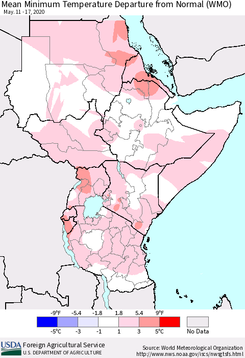 Eastern Africa Mean Minimum Temperature Departure from Normal (WMO) Thematic Map For 5/11/2020 - 5/17/2020