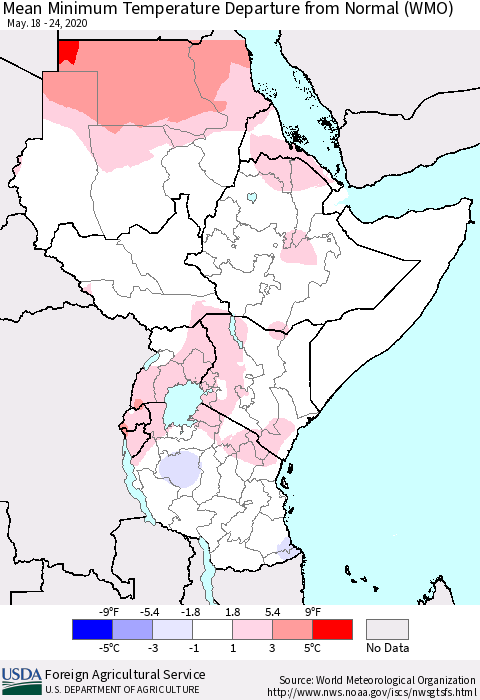 Eastern Africa Mean Minimum Temperature Departure from Normal (WMO) Thematic Map For 5/18/2020 - 5/24/2020