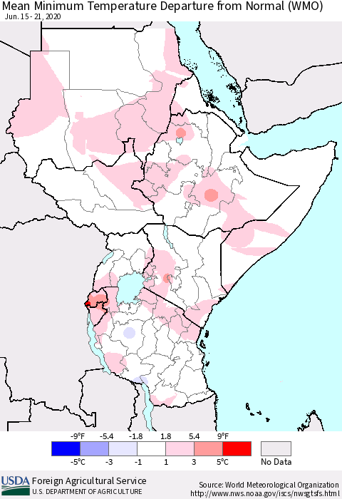 Eastern Africa Mean Minimum Temperature Departure from Normal (WMO) Thematic Map For 6/15/2020 - 6/21/2020