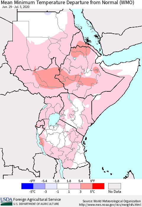 Eastern Africa Mean Minimum Temperature Departure from Normal (WMO) Thematic Map For 6/29/2020 - 7/5/2020