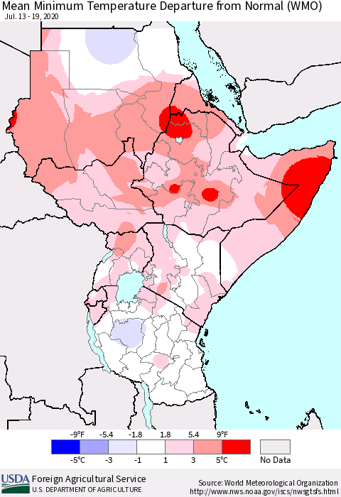 Eastern Africa Mean Minimum Temperature Departure from Normal (WMO) Thematic Map For 7/13/2020 - 7/19/2020