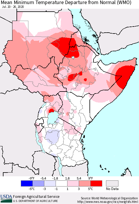 Eastern Africa Mean Minimum Temperature Departure from Normal (WMO) Thematic Map For 7/20/2020 - 7/26/2020