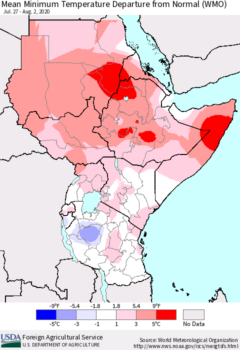 Eastern Africa Mean Minimum Temperature Departure from Normal (WMO) Thematic Map For 7/27/2020 - 8/2/2020