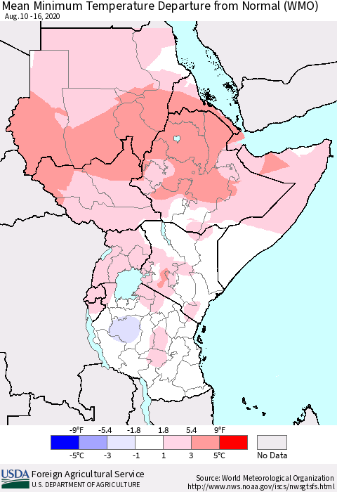 Eastern Africa Mean Minimum Temperature Departure from Normal (WMO) Thematic Map For 8/10/2020 - 8/16/2020