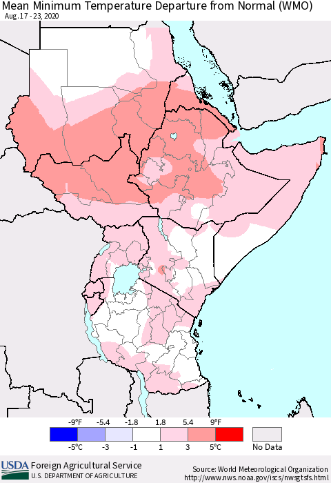 Eastern Africa Mean Minimum Temperature Departure from Normal (WMO) Thematic Map For 8/17/2020 - 8/23/2020