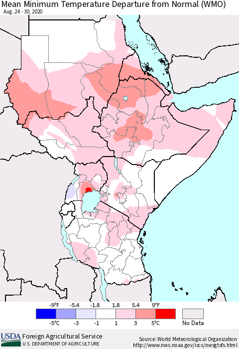 Eastern Africa Mean Minimum Temperature Departure from Normal (WMO) Thematic Map For 8/24/2020 - 8/30/2020