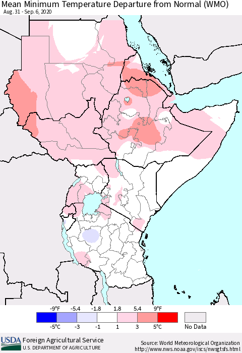 Eastern Africa Mean Minimum Temperature Departure from Normal (WMO) Thematic Map For 8/31/2020 - 9/6/2020