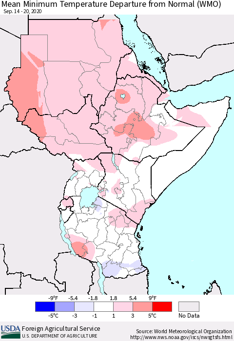 Eastern Africa Mean Minimum Temperature Departure from Normal (WMO) Thematic Map For 9/14/2020 - 9/20/2020