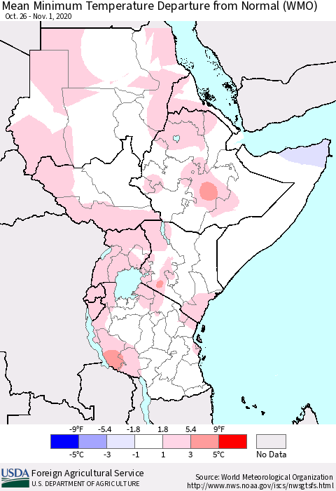 Eastern Africa Minimum Temperature Departure From Normal (WMO) Thematic Map For 10/26/2020 - 11/1/2020