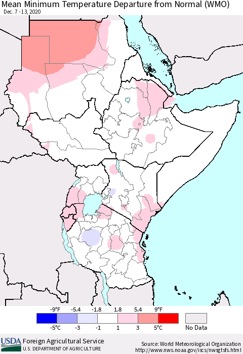 Eastern Africa Mean Minimum Temperature Departure from Normal (WMO) Thematic Map For 12/7/2020 - 12/13/2020