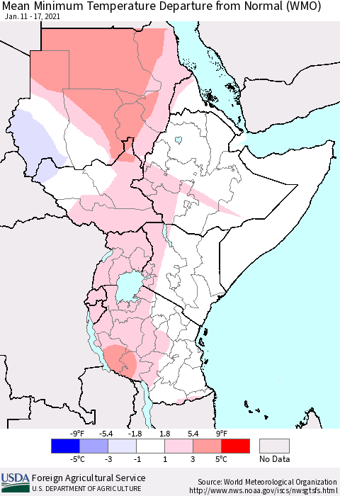 Eastern Africa Mean Minimum Temperature Departure from Normal (WMO) Thematic Map For 1/11/2021 - 1/17/2021