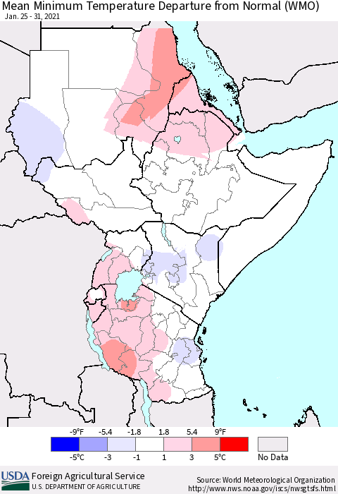 Eastern Africa Mean Minimum Temperature Departure from Normal (WMO) Thematic Map For 1/25/2021 - 1/31/2021