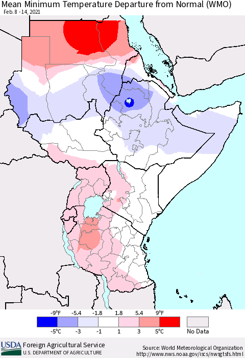 Eastern Africa Minimum Temperature Departure From Normal (WMO) Thematic Map For 2/8/2021 - 2/14/2021
