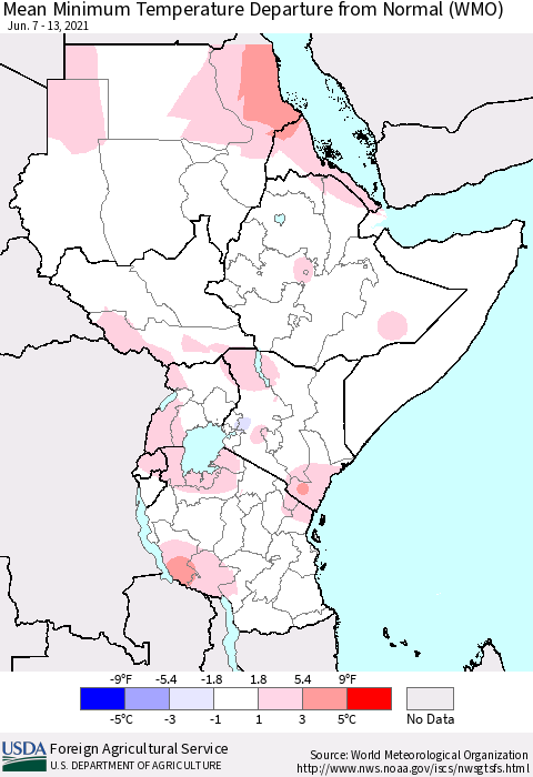 Eastern Africa Minimum Temperature Departure From Normal (WMO) Thematic Map For 6/7/2021 - 6/13/2021