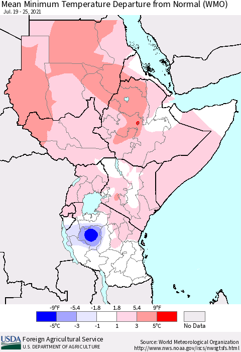 Eastern Africa Minimum Temperature Departure From Normal (WMO) Thematic Map For 7/19/2021 - 7/25/2021