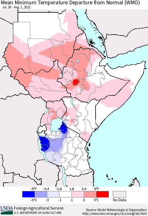Eastern Africa Minimum Temperature Departure From Normal (WMO) Thematic Map For 7/26/2021 - 8/1/2021