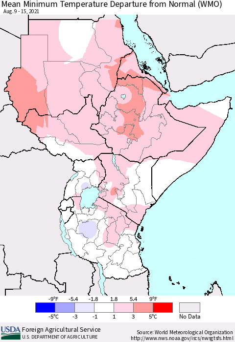 Eastern Africa Minimum Temperature Departure From Normal (WMO) Thematic Map For 8/9/2021 - 8/15/2021