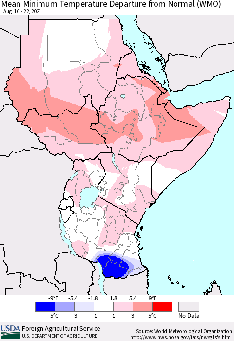 Eastern Africa Mean Minimum Temperature Departure from Normal (WMO) Thematic Map For 8/16/2021 - 8/22/2021