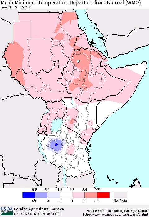 Eastern Africa Minimum Temperature Departure From Normal (WMO) Thematic Map For 8/30/2021 - 9/5/2021