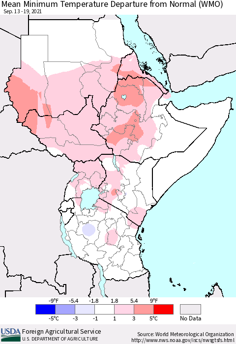 Eastern Africa Minimum Temperature Departure From Normal (WMO) Thematic Map For 9/13/2021 - 9/19/2021