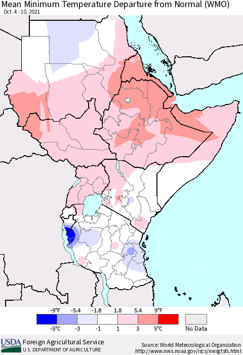 Eastern Africa Minimum Temperature Departure From Normal (WMO) Thematic Map For 10/4/2021 - 10/10/2021