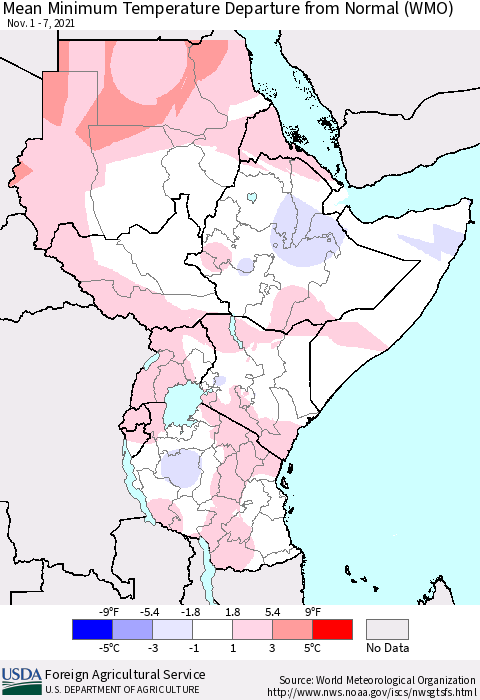 Eastern Africa Minimum Temperature Departure From Normal (WMO) Thematic Map For 11/1/2021 - 11/7/2021
