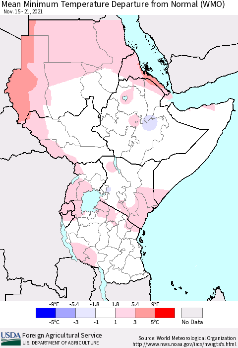 Eastern Africa Minimum Temperature Departure From Normal (WMO) Thematic Map For 11/15/2021 - 11/21/2021