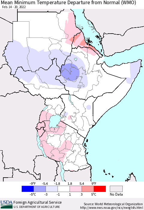 Eastern Africa Minimum Temperature Departure From Normal (WMO) Thematic Map For 2/14/2022 - 2/20/2022