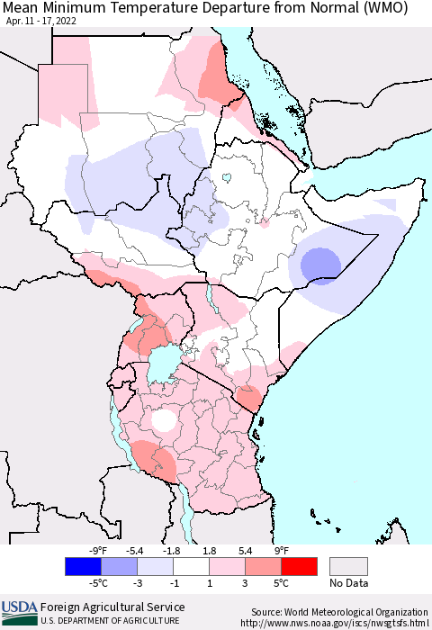 Eastern Africa Mean Minimum Temperature Departure from Normal (WMO) Thematic Map For 4/11/2022 - 4/17/2022