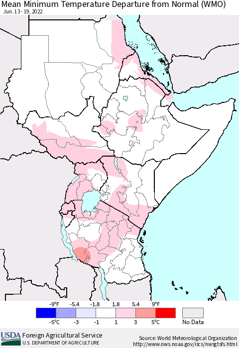 Eastern Africa Mean Minimum Temperature Departure from Normal (WMO) Thematic Map For 6/13/2022 - 6/19/2022