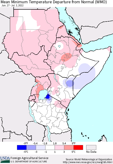 Eastern Africa Mean Minimum Temperature Departure from Normal (WMO) Thematic Map For 6/27/2022 - 7/3/2022