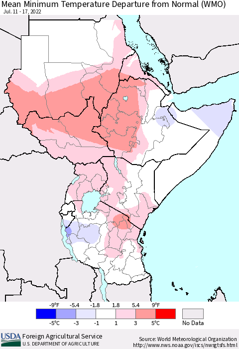 Eastern Africa Minimum Temperature Departure From Normal (WMO) Thematic Map For 7/11/2022 - 7/17/2022