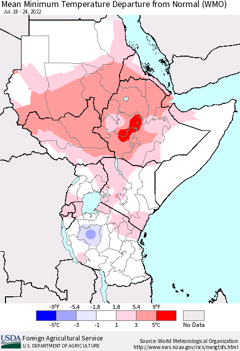 Eastern Africa Minimum Temperature Departure From Normal (WMO) Thematic Map For 7/18/2022 - 7/24/2022