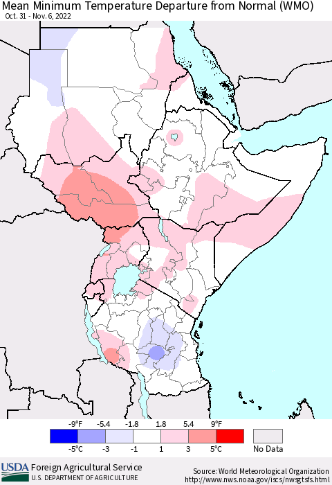 Eastern Africa Mean Minimum Temperature Departure from Normal (WMO) Thematic Map For 10/31/2022 - 11/6/2022