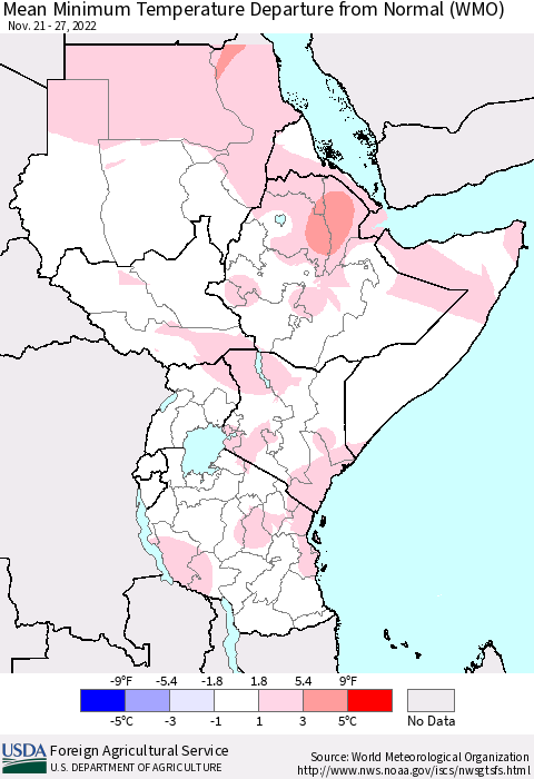Eastern Africa Mean Minimum Temperature Departure from Normal (WMO) Thematic Map For 11/21/2022 - 11/27/2022