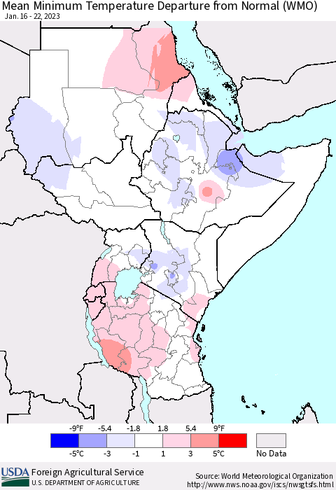 Eastern Africa Mean Minimum Temperature Departure from Normal (WMO) Thematic Map For 1/16/2023 - 1/22/2023