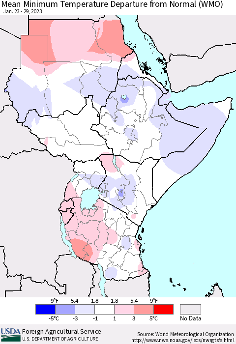 Eastern Africa Mean Minimum Temperature Departure from Normal (WMO) Thematic Map For 1/23/2023 - 1/29/2023