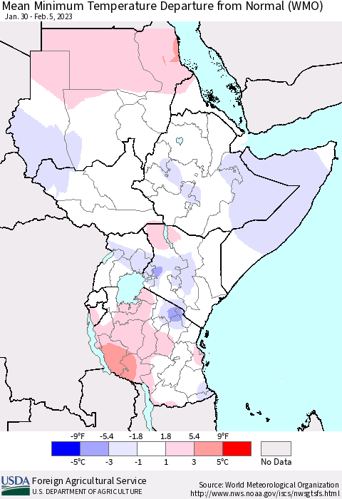 Eastern Africa Mean Minimum Temperature Departure from Normal (WMO) Thematic Map For 1/30/2023 - 2/5/2023