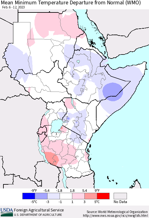 Eastern Africa Mean Minimum Temperature Departure from Normal (WMO) Thematic Map For 2/6/2023 - 2/12/2023