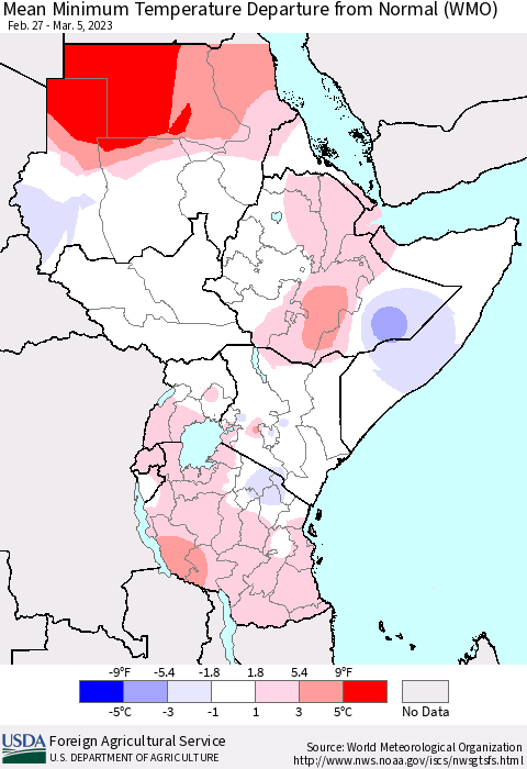 Eastern Africa Mean Minimum Temperature Departure from Normal (WMO) Thematic Map For 2/27/2023 - 3/5/2023