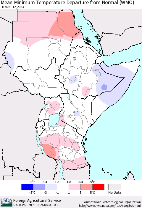 Eastern Africa Mean Minimum Temperature Departure from Normal (WMO) Thematic Map For 3/6/2023 - 3/12/2023