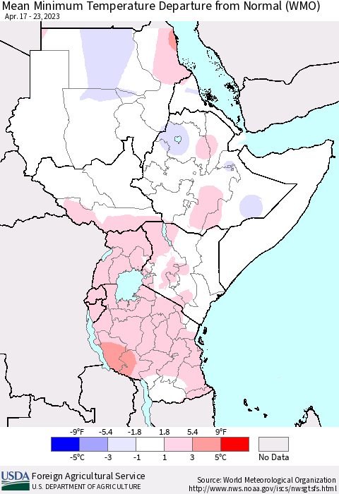Eastern Africa Mean Minimum Temperature Departure from Normal (WMO) Thematic Map For 4/17/2023 - 4/23/2023