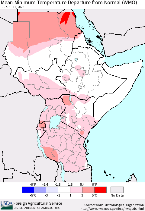 Eastern Africa Mean Minimum Temperature Departure from Normal (WMO) Thematic Map For 6/5/2023 - 6/11/2023