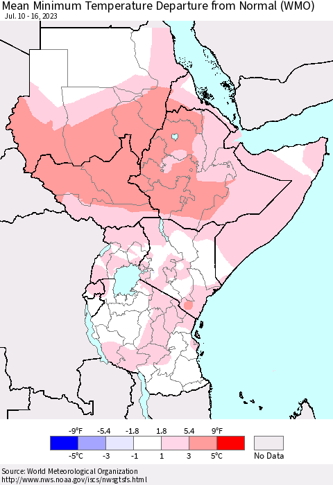 Eastern Africa Mean Minimum Temperature Departure from Normal (WMO) Thematic Map For 7/10/2023 - 7/16/2023